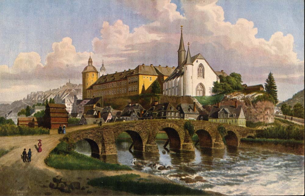 Das Bild zeigt die Martinikirche und das unteres Schloss in Siegen. Es ist ein Gemälde von Jakob Scheiner.