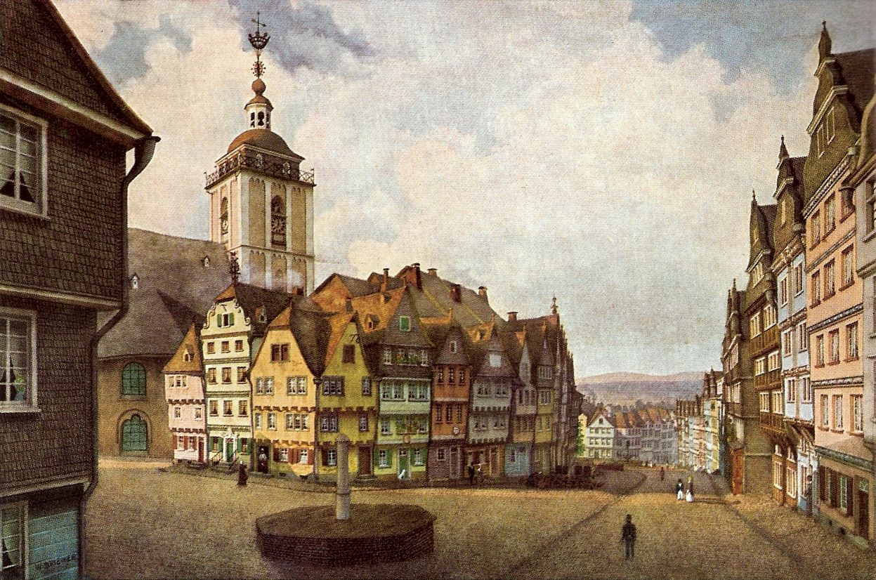 Siegen. Die Nikolaikirche mit dem Häuserblock „Klubb“, 1869 abgebrannt. Historisierendes Aquarell von Wilhelm Scheiner, den Zustand von etwa 1850 darstellend.