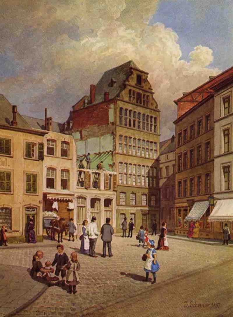 Das Bild zeigt den Heumarkt in Köln, Haus St. Peter.  Aquarell von Jakob Scheiner 1887.